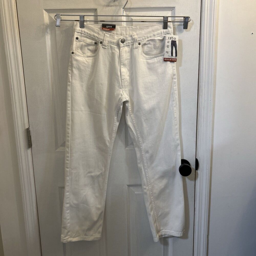 NEW IZOD Mens 30x30 Straight Fit White Denim Classic 5 Pocket Cotton Stretch